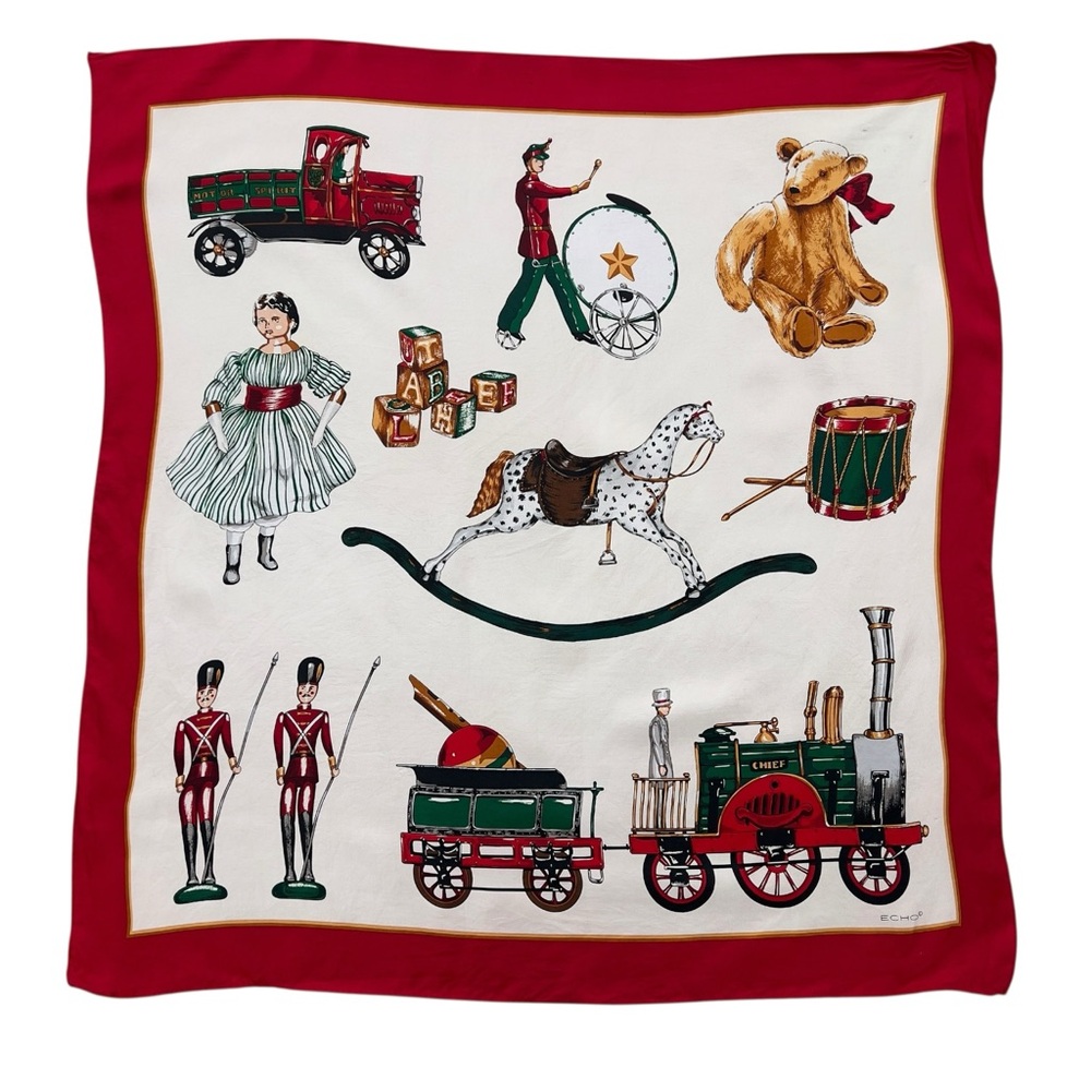 Vintage Echo Silk Scarf Christmas Toys Train Teddy Bear Rocking Horse Red Border - Picture 4 of 13